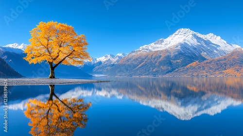 Golden autumn tree reflects in tranquil lake, snowy mountains background; scenic wallpaper