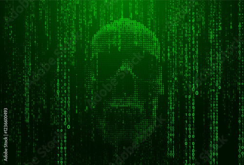 Vector binary code skull design. Vector glowing green digital code rain in a Matrix inspired futuristic style. Futuristic cyberpunk aesthetic with a hacking theme.