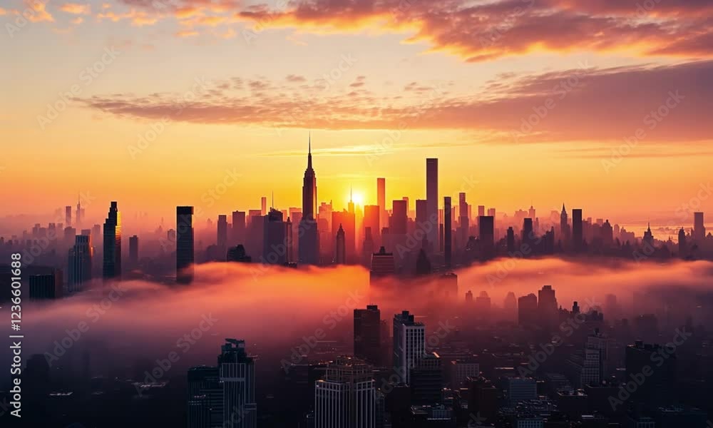 Orange and Pink City Sunrise with Fog Orange and Pink City Sunrise with Fog