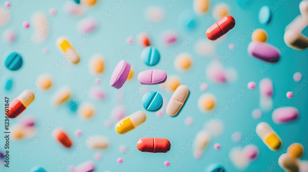 Close-up of colorful pills floating in mid-air