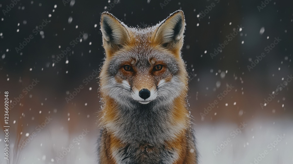 close up of wild fox in snowy landscape, showcasing its striking features and fur. snowflakes create serene atmosphere, highlighting beauty of nature close up of wild fox in snowy landscape, showcasing its striking features and fur. snowflakes create serene atmosphere, highlighting beauty of nature