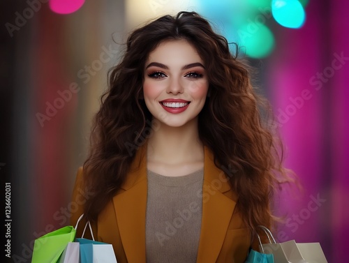 excited woman shopping bags smiling camera