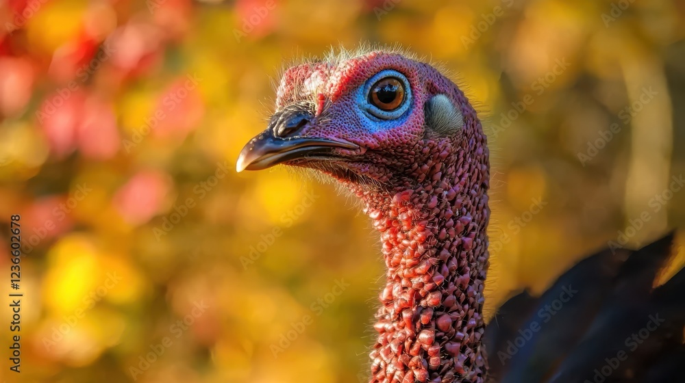 Close up of wild turkey with vibrant autumn leaves in background, showcasing its colorful features and unique textures. warm bokeh adds beautiful touch to scene Close up of wild turkey with vibrant autumn leaves in background, showcasing its colorful features and unique textures. warm bokeh adds beautiful touch to scene