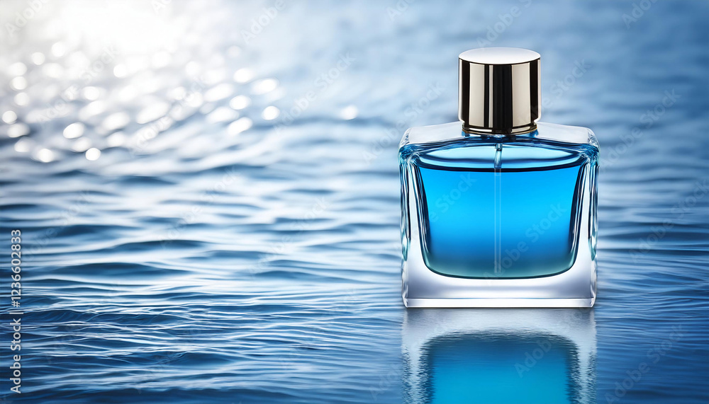 Elegant Blank Perfume Bottle Mockup with Blue Liquid in a Cool Temperature. Perfume with Water Background and Natural Daylight. Elegant Blank Perfume Bottle Mockup with Blue Liquid in a Cool Temperature. Perfume with Water Background and Natural Daylight.