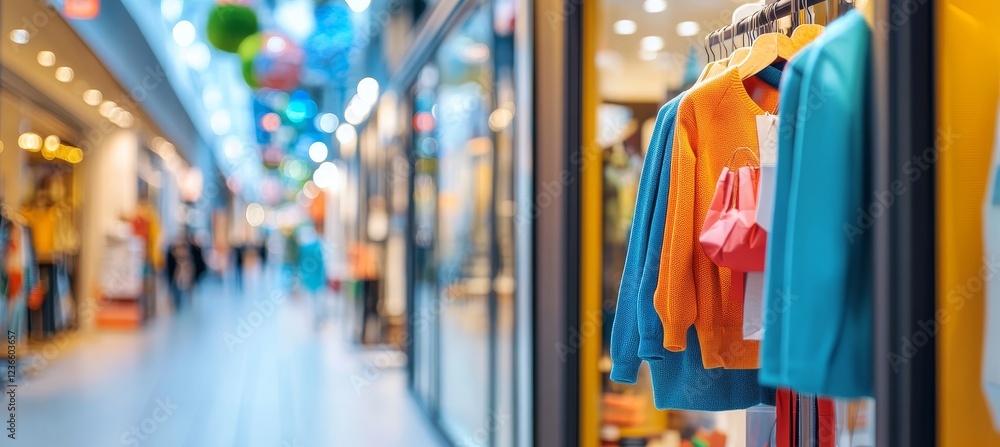 Obraz premium Vibrant Clothing Display In A Blurred Shopping Mall, Depicting Retail, Fashion, And Commerce
