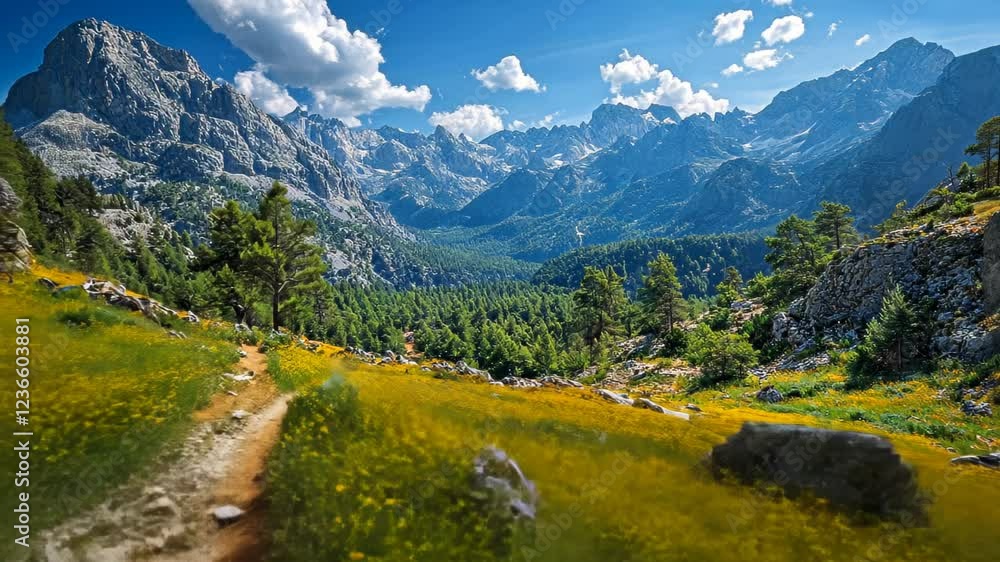Scenic mountain landscape with a winding path through vibrant flowers Scenic mountain landscape with a winding path through vibrant flowers