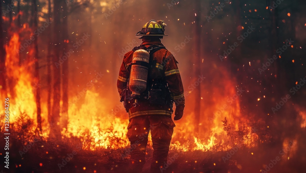 Fototapeta premium Firefighter Bravely Faces Wildfire Inferno