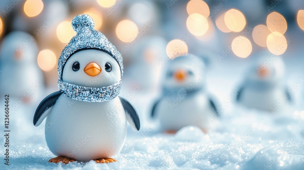 Playful penguins wearing winter hats in snowy landscape with soft focus background create cheerful winter scene Playful penguins wearing winter hats in snowy landscape with soft focus background create cheerful winter scene