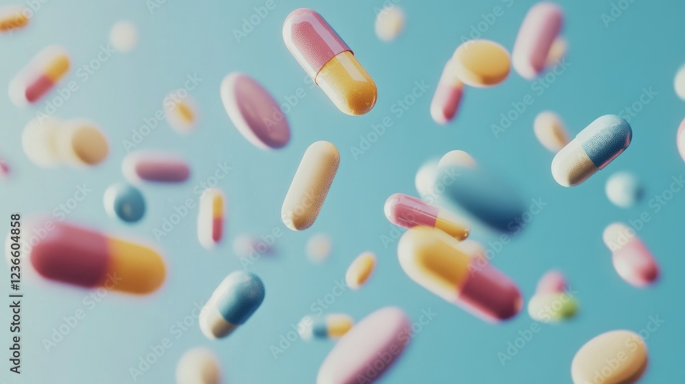 Close-up of colorful pills floating in mid-air Close-up of colorful pills floating in mid-air