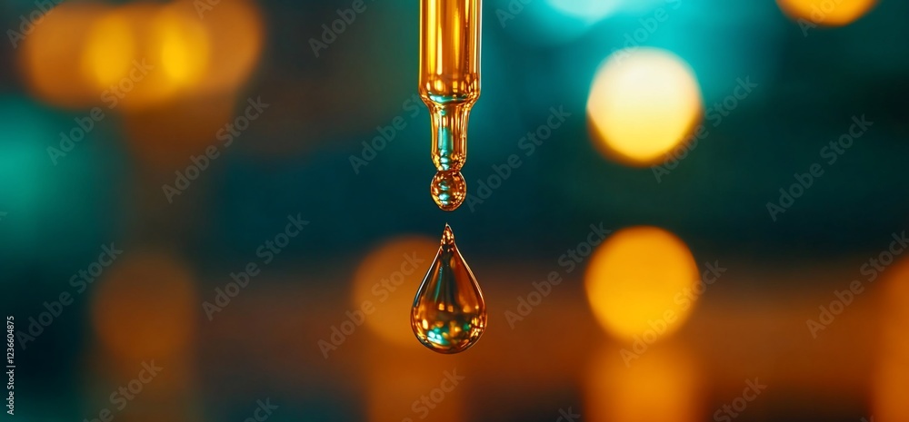 Golden Elixir Drop: Amber Liquid Falling Against Teal Bokeh Golden Elixir Drop: Amber Liquid Falling Against Teal Bokeh