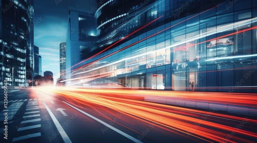 Light trails on the modern building background. Light trails at night in urban environment, Abstract Motion Blur City, traffic, transportation, street, road, speed Light trails on the modern building background. Light trails at night in urban environment, Abstract Motion Blur City, traffic, transportation, street, road, speed