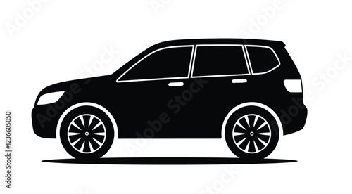 Black silhouette of a compact SUV car isolated on a white background, vector illustration. Minimalist car icon in black and white, side view of a modern SUV Flat vector design.