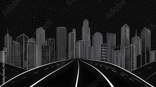 Stylized Futuristic Urban Cityscape with Curved Flowing Lines and Skyscrapers in the Night photo