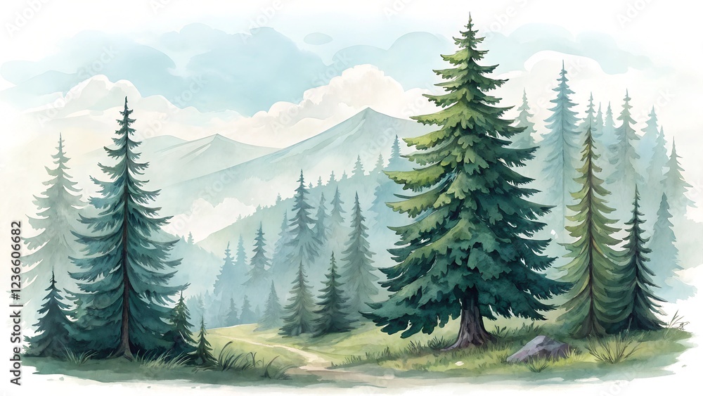 Fototapeta premium beautiful tree forest landscape illustration water color style with white background jpg 