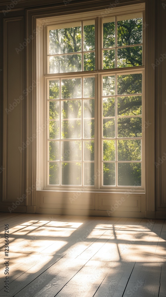 Fototapeta premium Serene Light Patterns in Shadowy Interior Minimalist Design with Copyspace