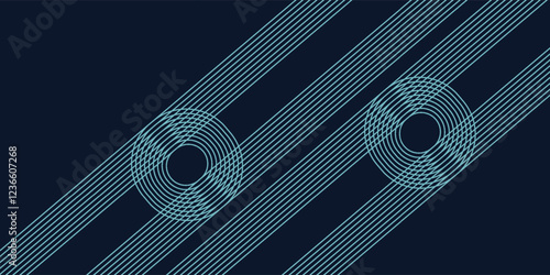 Modern dark blue abstract horizontal banner background with shining geometric lines. Shiny blue rounded diagonal stripes pattern. Futuristic concept.