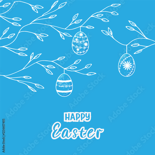 White silhouette of tree branch with leaves and decorated Easter egg on blue background Text Happy Easter Cute vector Easter greeting card with hanging decorative eggs on branch Square spring design
