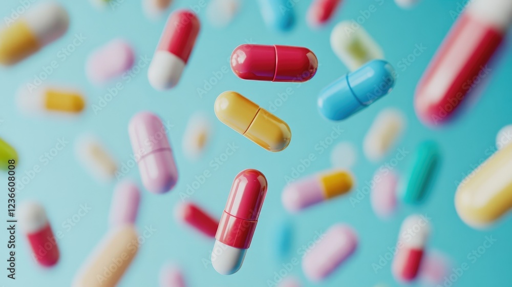 Close-up of colorful pills floating in mid-air Close-up of colorful pills floating in mid-air