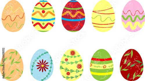 Set colorful eggs with different texture Isolated on white Spring holiday Vector Illustration Cartoon Colored egg Paschal object collection Decorative elements Yellow pink green blue