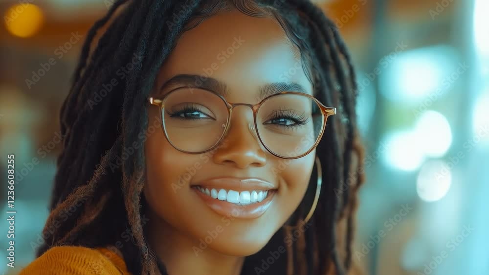 Joyful Portrait of a Confident Woman with Dreadlocks and Glasses Joyful Portrait of a Confident Woman with Dreadlocks and Glasses