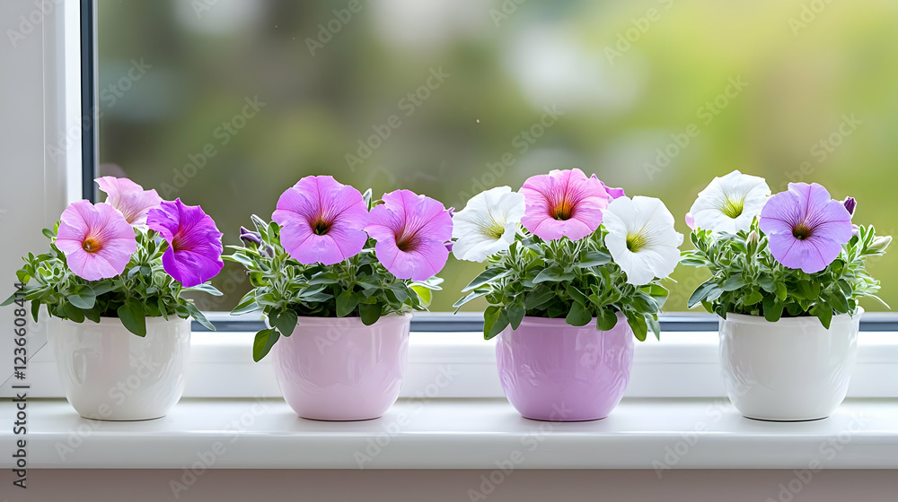 Colorful petunias in pots on windowsill, garden view (1) Colorful petunias in pots on windowsill, garden view (1)