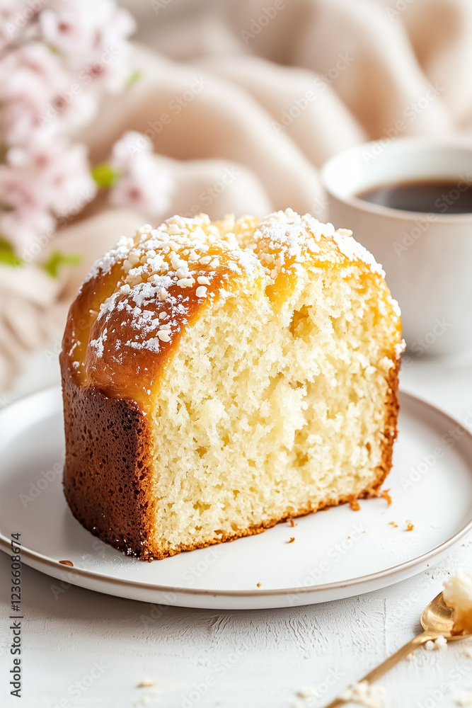 Slice of Easter kulich rests on a white plate accompanied by a small cup of coffee. Soft warm light enhances the golden crumb and highlights its texture, creating a cozy atmosphere Slice of Easter kulich rests on a white plate accompanied by a small cup of coffee. Soft warm light enhances the golden crumb and highlights its texture, creating a cozy atmosphere