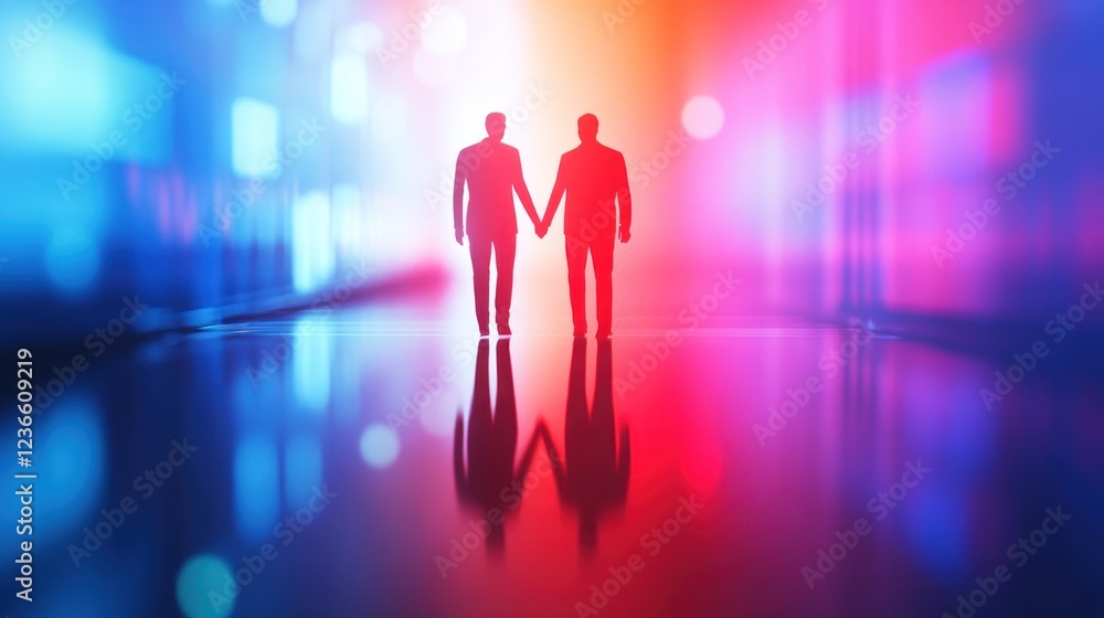 Fototapeta premium Two Silhouettes Holding Hands in a Colorful Abstract Background