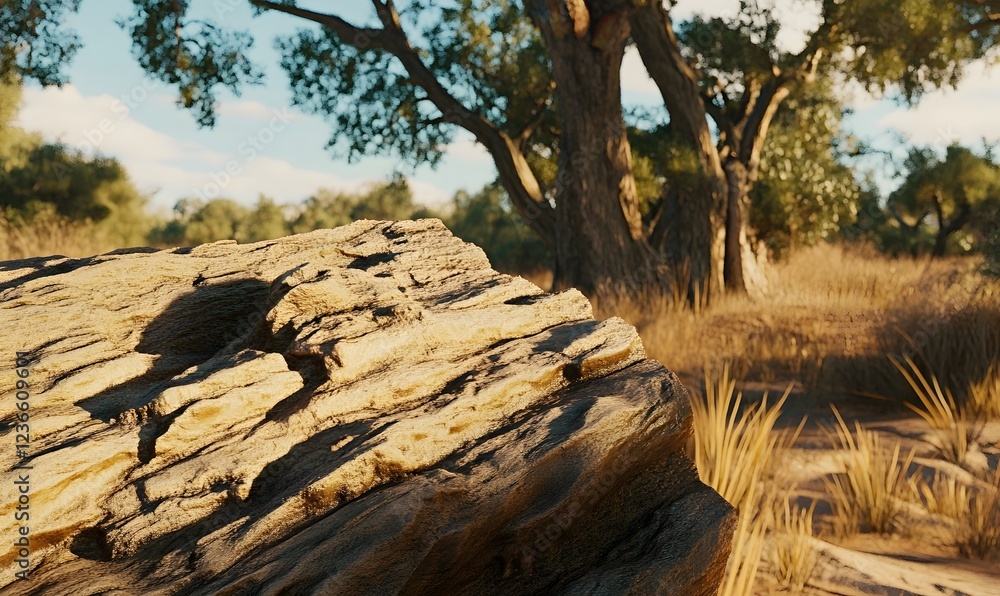 Sunlit rock, savanna, trees, dry grass, sunny day, nature background, website, game Sunlit rock, savanna, trees, dry grass, sunny day, nature background, website, game