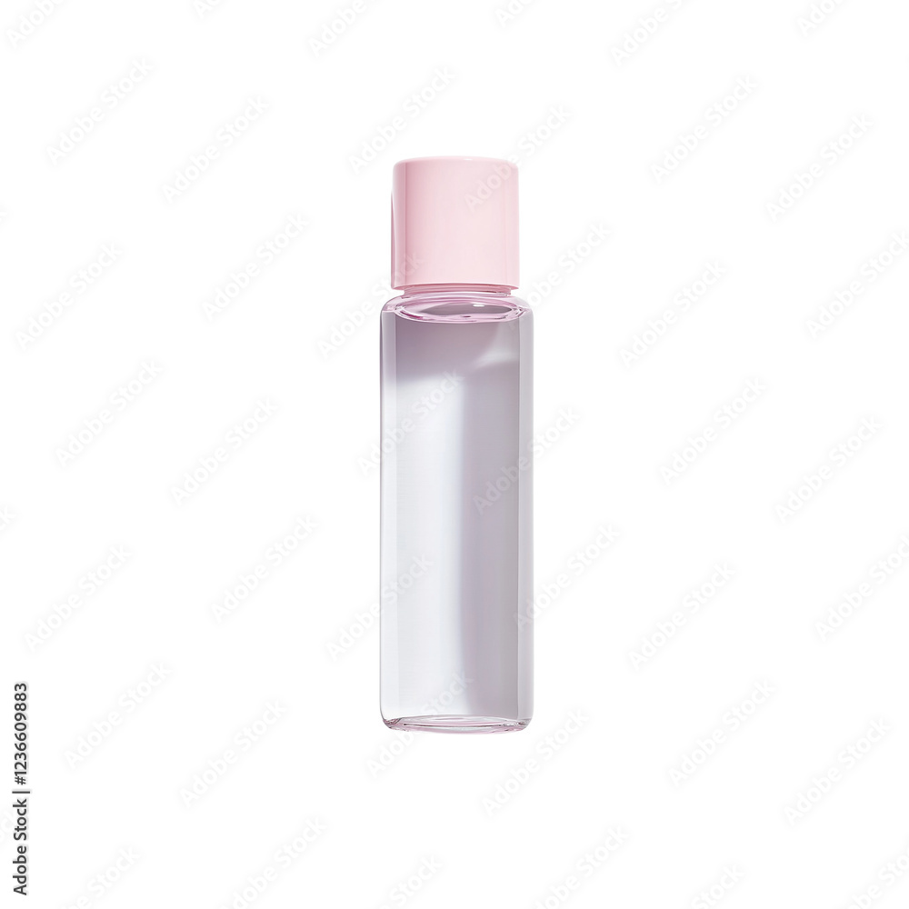 A clear bottle with a pink cap, designed for containing liquids or cosmetics, Isolated on white background. A clear bottle with a pink cap, designed for containing liquids or cosmetics, Isolated on white background.