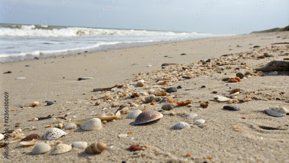 Small shells and other ocean debris scattered among grains of sand on the shore, sea glass, ocean waste Small shells and other ocean debris scattered among grains of sand on the shore, sea glass, ocean waste