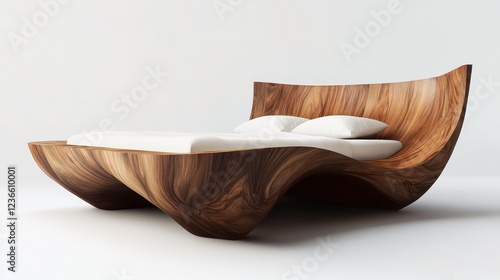 Modern sculpted wooden bed with white linens against a white background.