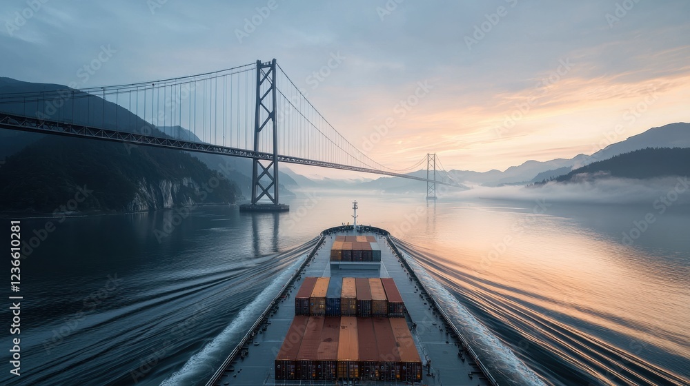Obraz premium A cargo ship sailing under a bridge at dawn, reflecting serene waters and misty mountains.