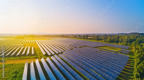 An aerial view of a vast solar farm with rows of solar panels under a clear blue sky, Solar energy scene, Sustainable power generation style