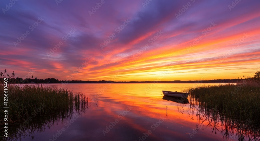 Stunning Sunset Lake Landscape with Boat and Colorful Sky Stunning Sunset Lake Landscape with Boat and Colorful Sky
