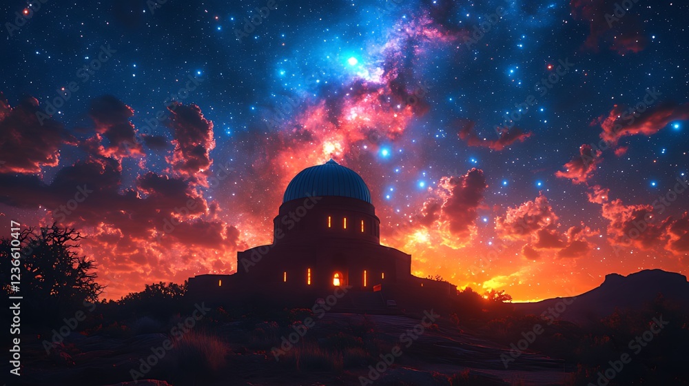 Starry night sky over a dome-shaped observatory building at sunset. Starry night sky over a dome-shaped observatory building at sunset.