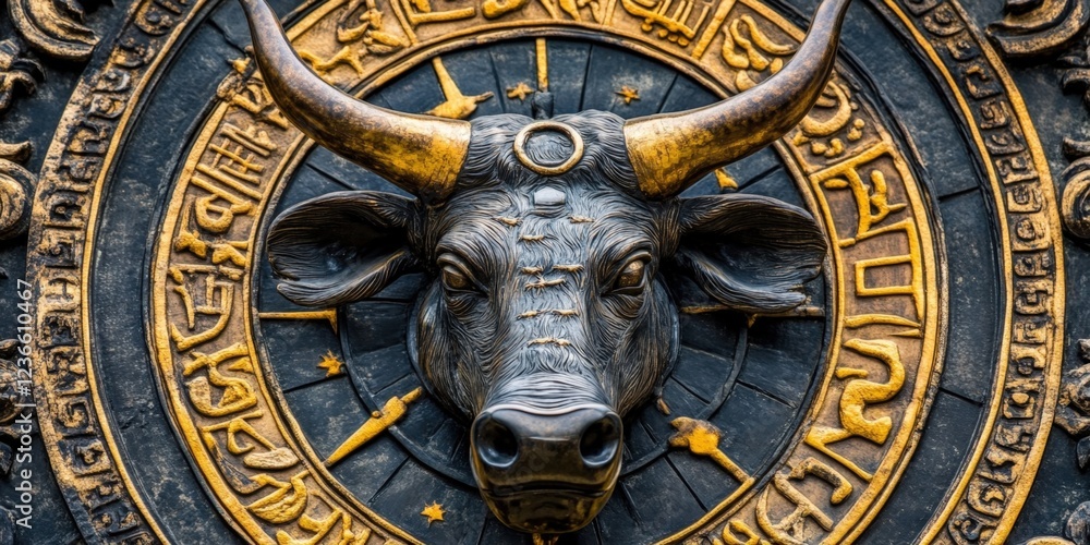 Obraz premium Taurus zodiac sign, ornate gold circular design, mystical background, astrology concept.