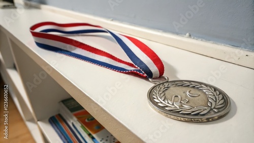 Silver medal with ribbon on a shelf, runner-up, second place, award, achievement photo