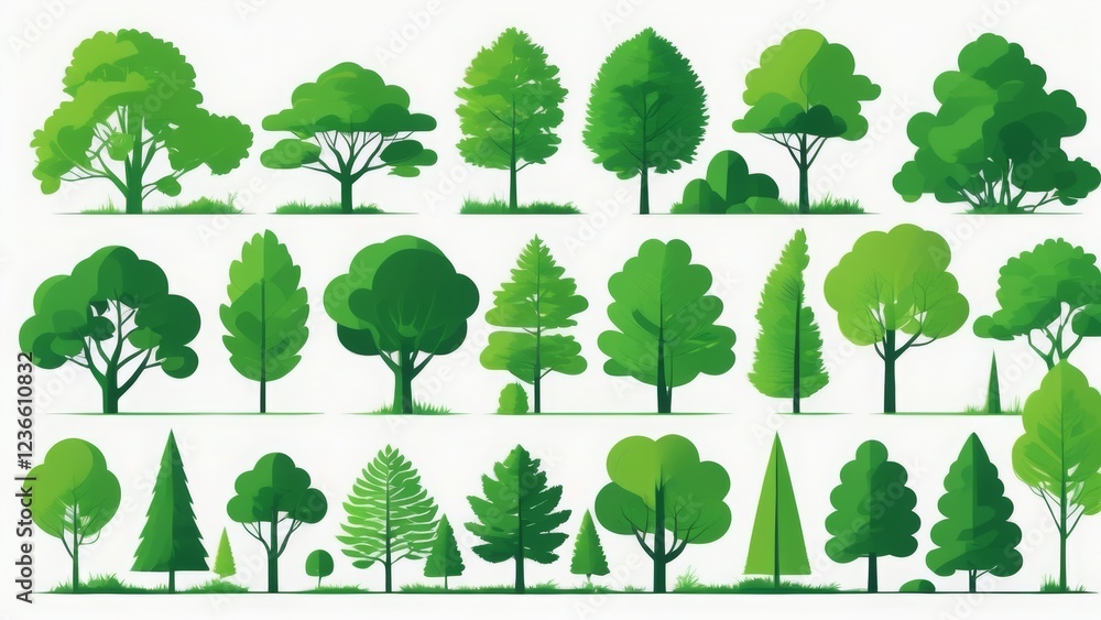 Fototapeta premium Set of trees with green leaves on a white background. Illustration