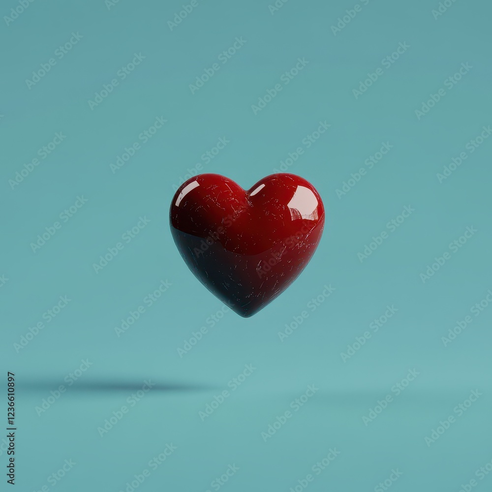 Glossy Red Heart Shape on Soft Blue Background Glossy Red Heart Shape on Soft Blue Background