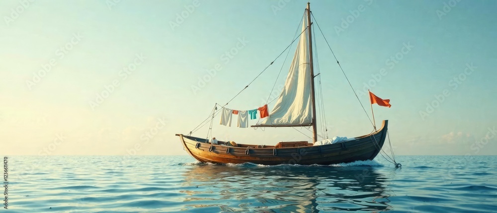 Fototapeta premium Sailing boat with hanging clothes in the rear , natural elements, ocean breeze, sailing boats