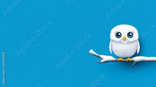 Adorable white owl perched on a snow-covered branch against a vibrant blue backdrop.