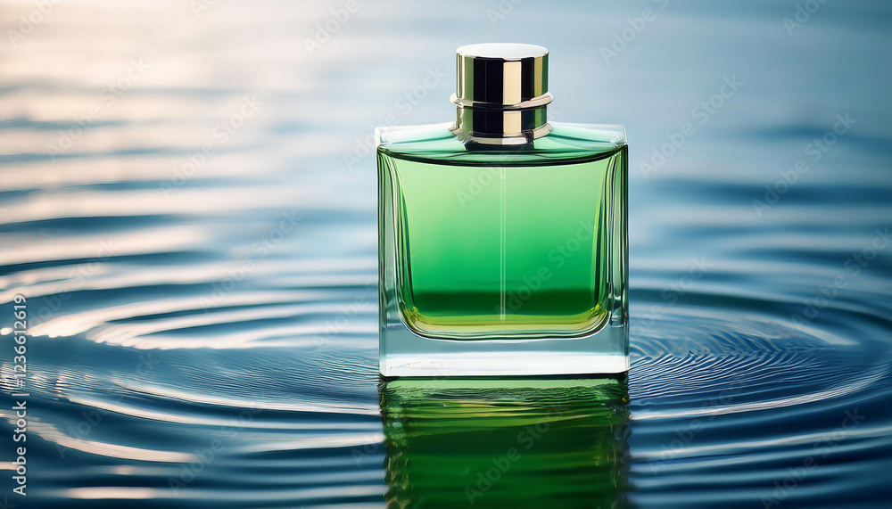 Elegant Blank Perfume Bottle Mockup with Green Liquid in a Cool Temperature. Perfume with Water Background and Natural Daylight. Elegant Blank Perfume Bottle Mockup with Green Liquid in a Cool Temperature. Perfume with Water Background and Natural Daylight.