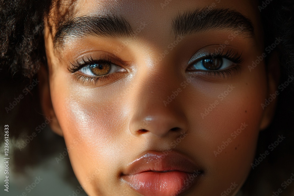 Radiant Beauty: Close-up of a Young African American Woman's Face with Dramatic Lighting and Room for Text Below Radiant Beauty: Close-up of a Young African American Woman's Face with Dramatic Lighting and Room for Text Below