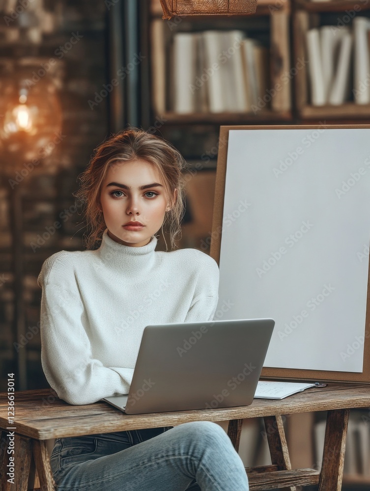 Modern home workplace with laptop on wooden table and blank poster on wall. Online advertisement and digital education concept. Mock up, 3D Rendering Modern home workplace with laptop on wooden table and blank poster on wall. Online advertisement and digital education concept. Mock up, 3D Rendering