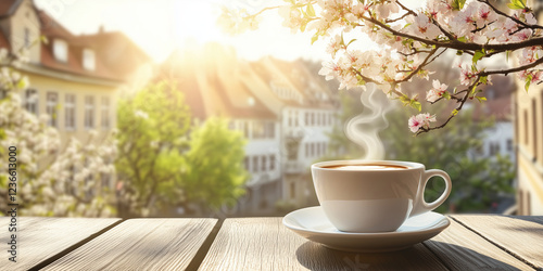 Fototapeta Naklejka Na Ścianę i Meble -  Cup of coffee on a table of outdoor cafe on sunny spring day in typical European town. Having a cup of hot beverage in the morning.