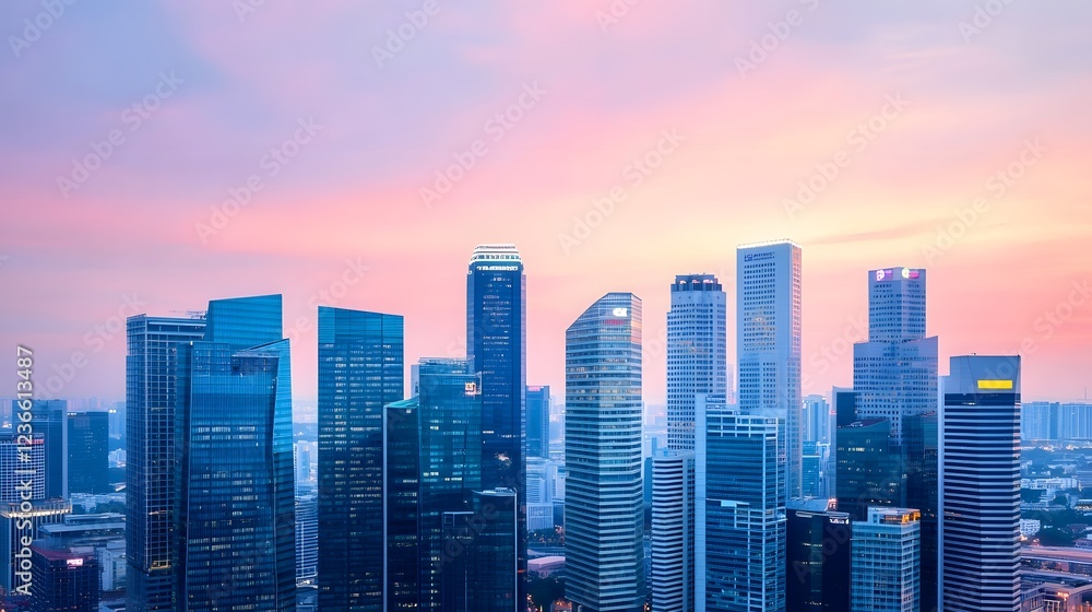 Futuristic City Skyline Illuminated at Dusk with Towering Glass Skyscrapers Futuristic City Skyline Illuminated at Dusk with Towering Glass Skyscrapers