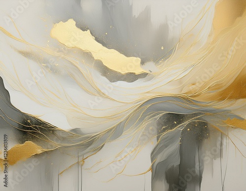 art painting in beige grey white tones with golden strokes
