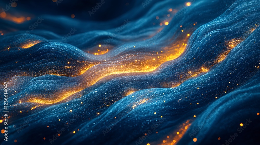 Golden Lights Shimmer Across Dark Blue Wavy Surface Golden Lights Shimmer Across Dark Blue Wavy Surface