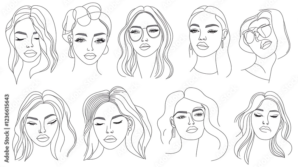 Collection of minimalist line art female faces with various hairstyles and eyewear. Collection of minimalist line art female faces with various hairstyles and eyewear.