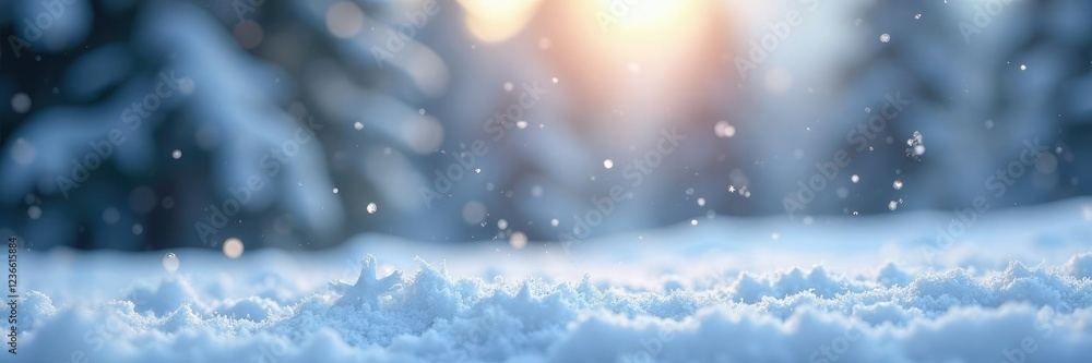 Fototapeta premium Snowflakes gently falling on a serene landscape, wintry atmosphere, landscape, white flakes